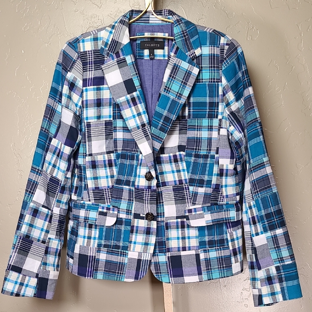 Talbots Madras Patchwork Blue Plaid Blazer Jacket 100% Cotton‎ Size 8